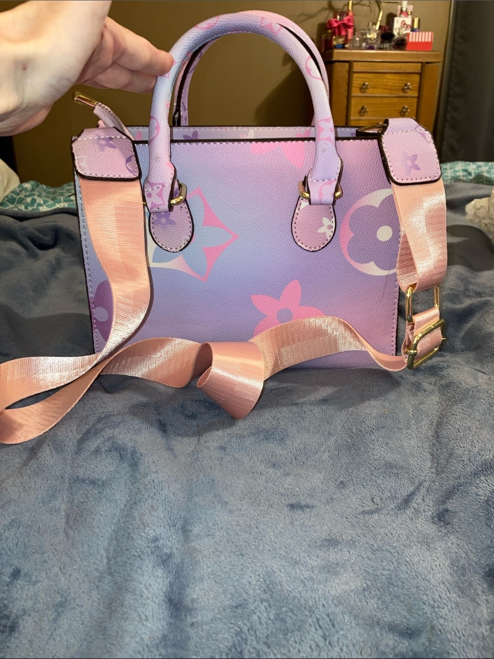 Designer-Inspired Lavender Floral Tote with Pink Strap - Picture 3 of 9